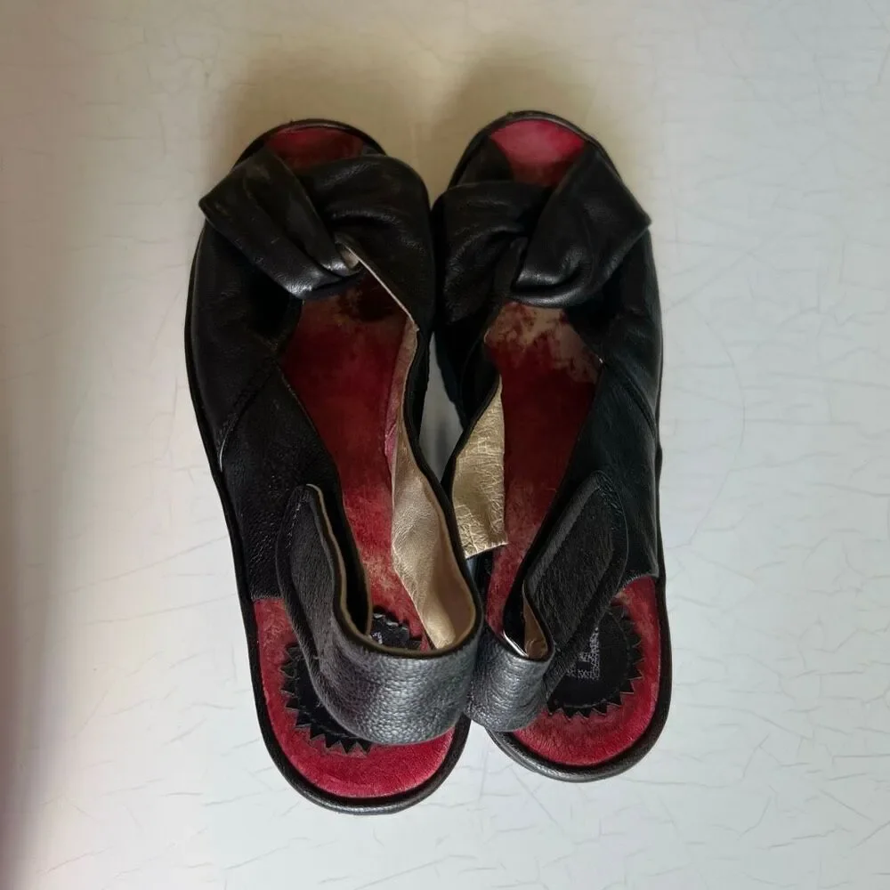 Fly London Yakin Ankle Strap Wedge Sandals 39 Black Leather Peep Toe Comfort